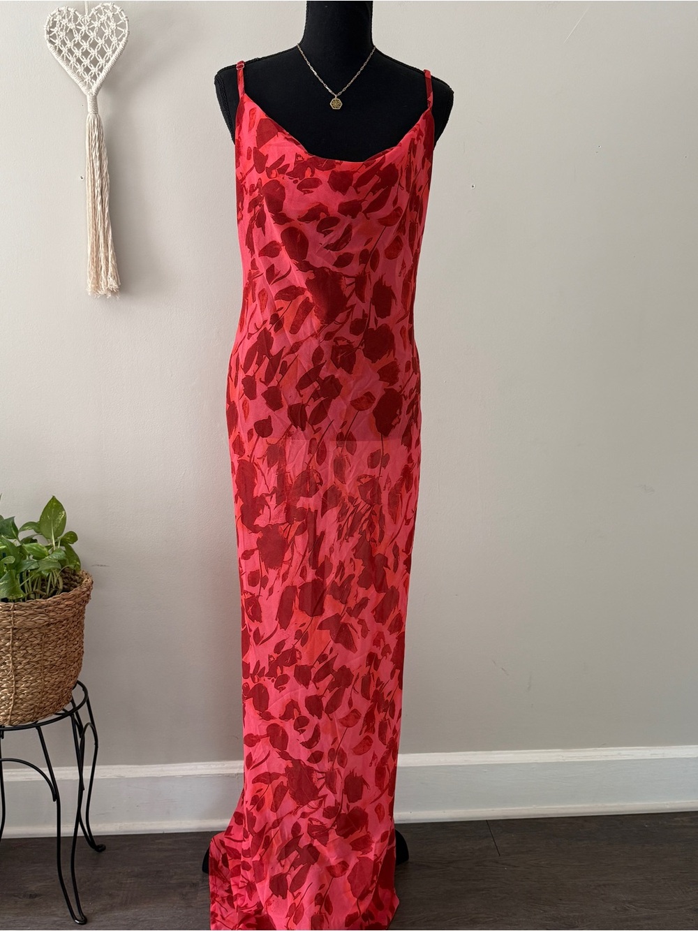 Red Sheer Floral Cowl Neck Slip Dress Extra Long